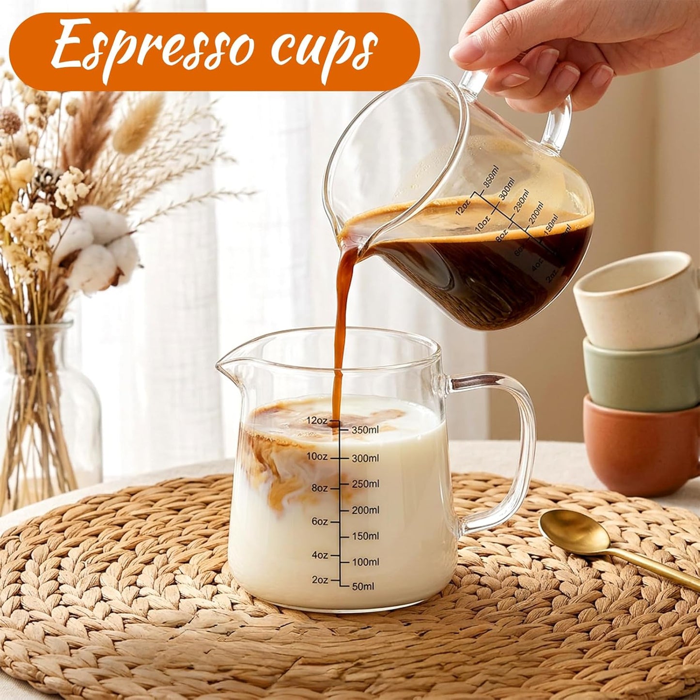 2 Pack 12 oz Coffee Measuring Glass Cups, Espresso Cups, Espresso Accessories, Expresso Shots Cup, Heat-resistant Glass Measuring Cup, Milk Frothing Pitcher, Frother Cup, Creamer Container, Microwave