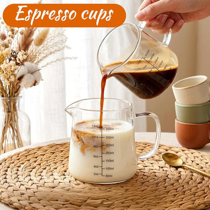 2 Pack 12 oz Coffee Measuring Glass Cups, Espresso Cups, Espresso Accessories, Expresso Shots Cup, Heat-resistant Glass Measuring Cup, Milk Frothing Pitcher, Frother Cup, Creamer Container, Microwave