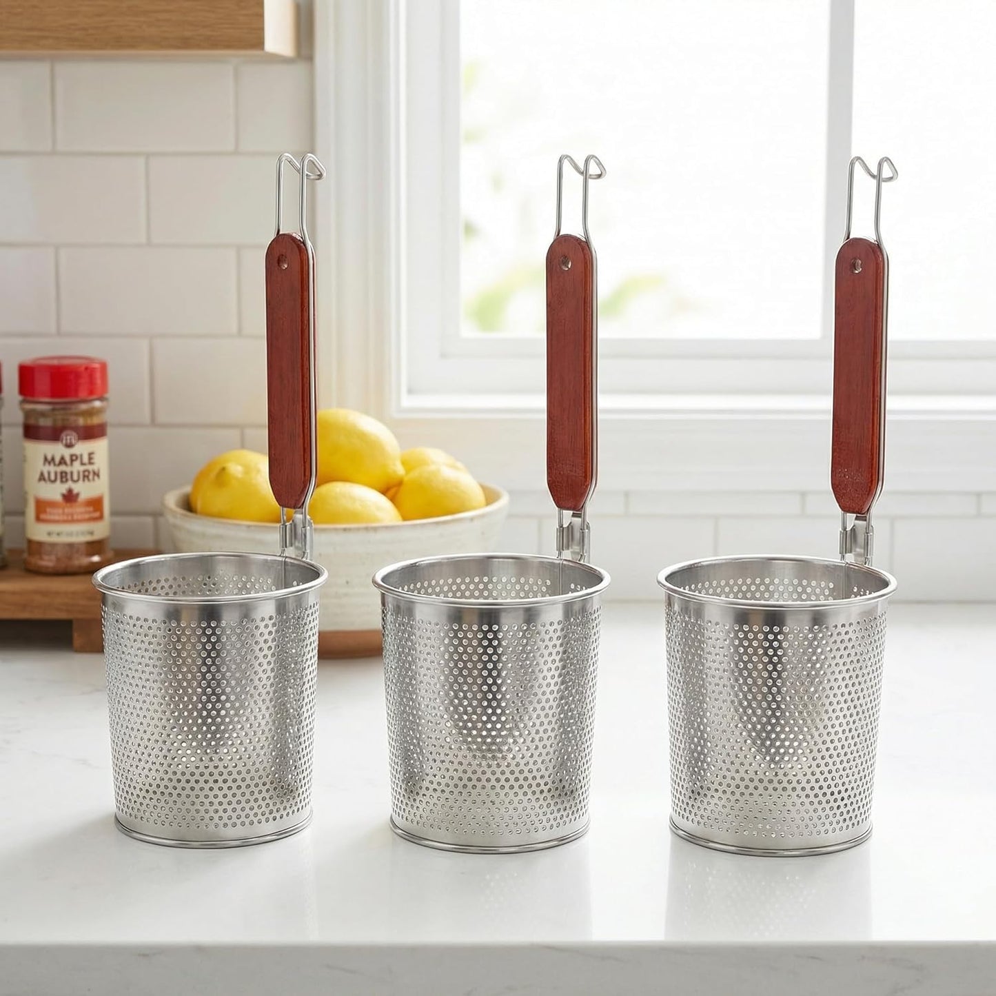 Lawei 3 Packs Mesh Pasta Basket with Wooden Handle Stainless Steel Mesh Spider Strainer for Pasta, Noodles, Dumpling