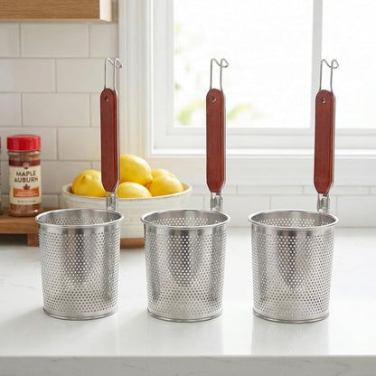 Lawei 3 Packs Mesh Pasta Basket with Wooden Handle Stainless Steel Mesh Spider Strainer for Pasta, Noodles, Dumpling