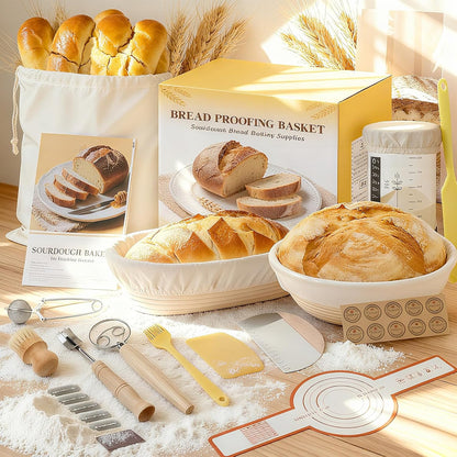 Sourdough Starter Kit, Sourdough Bread Baking Supplies, Round & Oval Banneton Bread Proofing Basket, Bread Sling, Starter Jar, Dough Whisk, Scrapers, Stencils & Bag, Complete Sourdough Kit Gifts