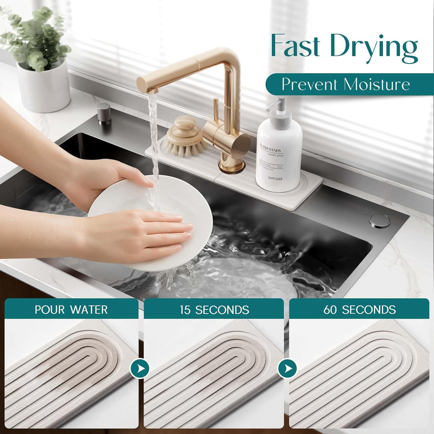 Eormoe Faucet Mat for Kitchen Sink – Diatomite Stone Drying Mat & Sink Protectors, Prevent Moisture – Sink Splash Guard Water-Absorbing Stone Tray for Bathroom Counter (Light Grey, 23.6" x 3.9")