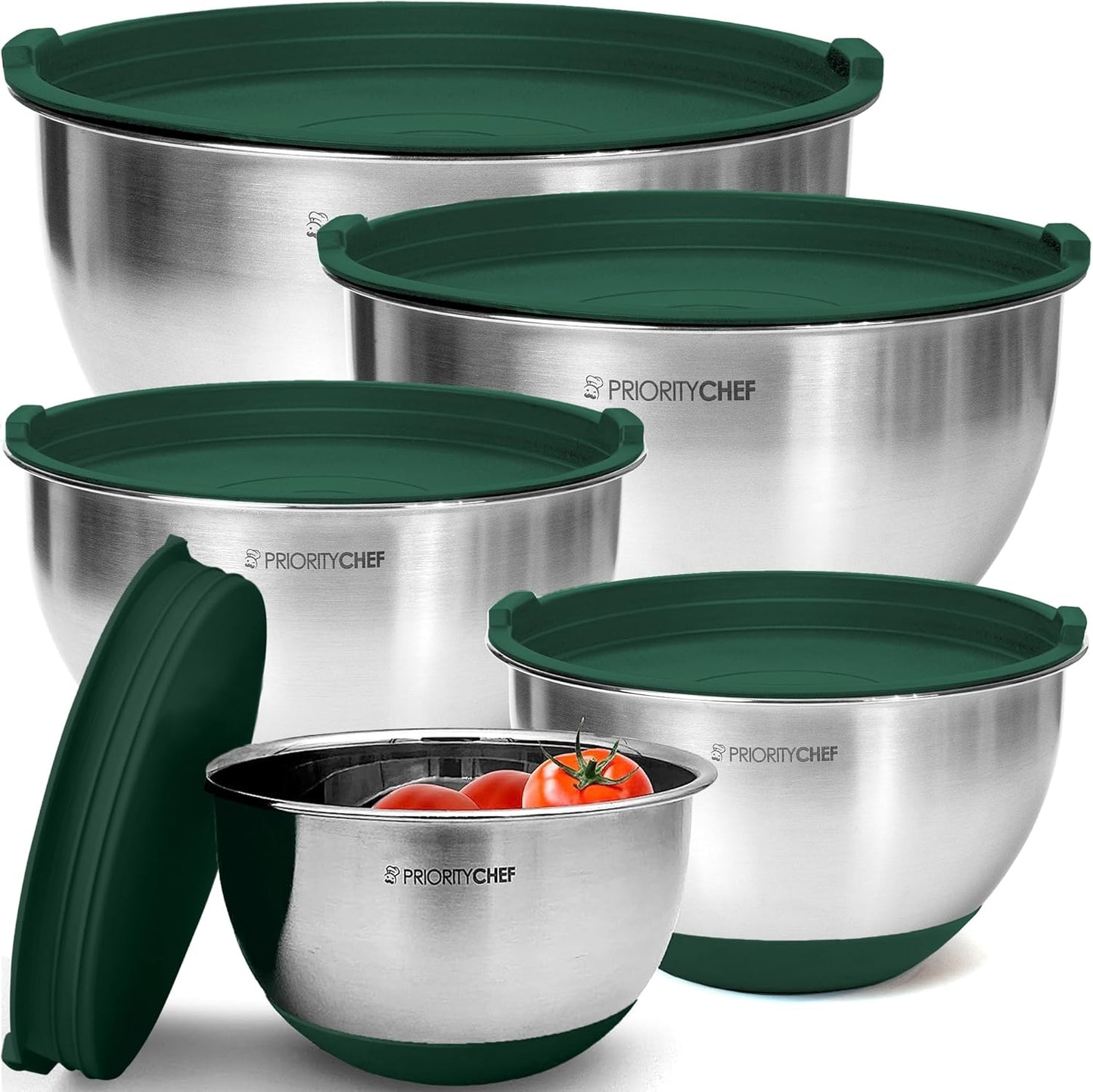Priority Chef Premium Mixing Bowls With Lids Set, Airtight Lids, Thicker Stainless Steel, Non-Slip Base, 5 Nesting Steel Bowls for Kitchen, Large Prep Metal Bowl Set 1.5/2/3/4/5 Qt, Black