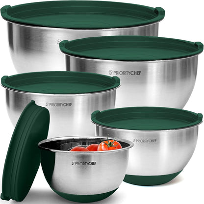Priority Chef Premium Mixing Bowls With Lids Set, Airtight Lids, Thicker Stainless Steel, Non-Slip Base, 5 Nesting Steel Bowls for Kitchen, Large Prep Metal Bowl Set 1.5/2/3/4/5 Qt, Black