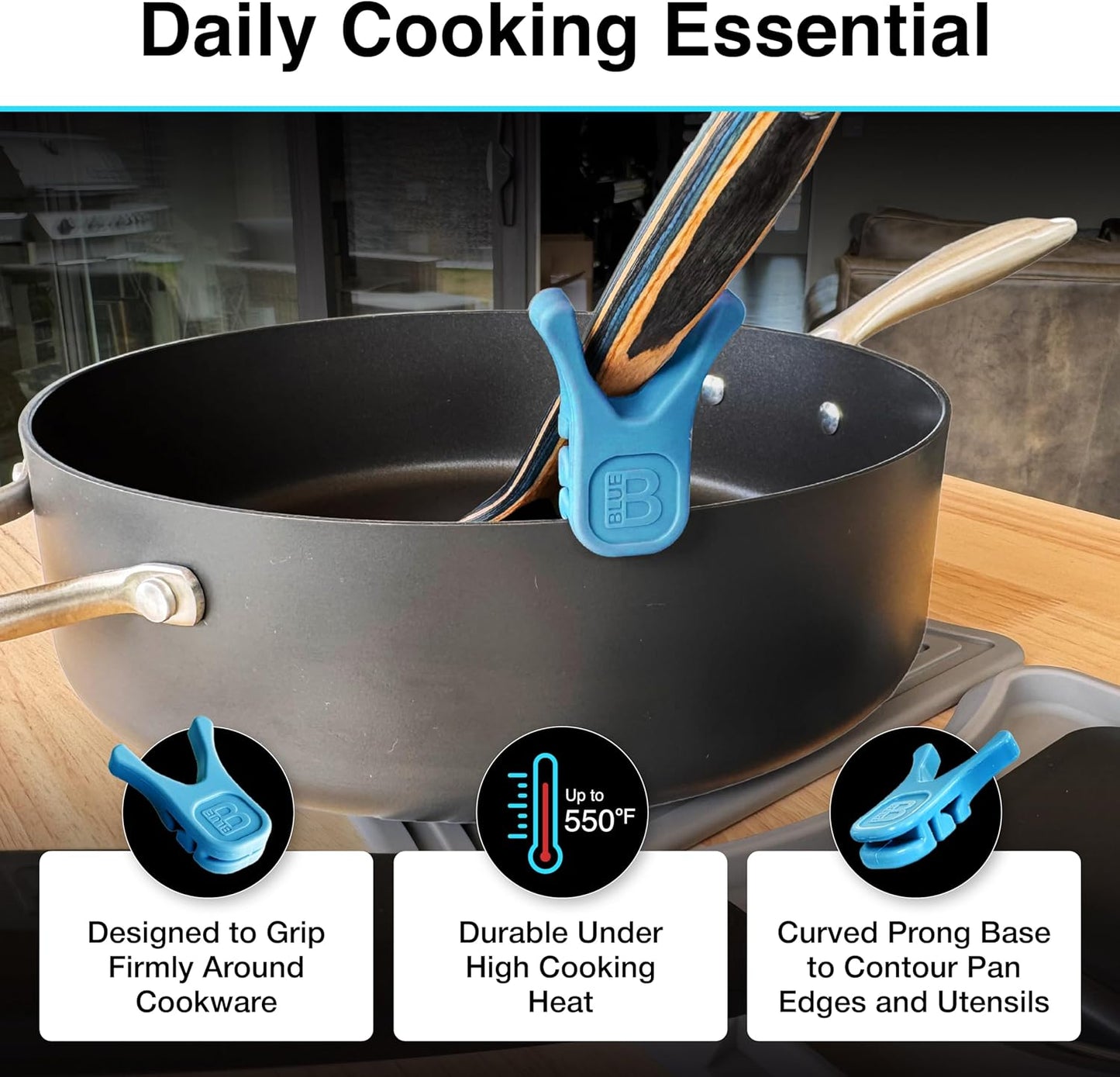 Nottaslip Utensil Prong Pot Spoon Holder - Premium Silicone Spoon Rest - Heat-Resistant to 550°F, BPA-Free, Dishwasher Safe Utensil Pot Clip, Fits Most Pots & Pans - Non-Slip Silicone - 2PK, Black