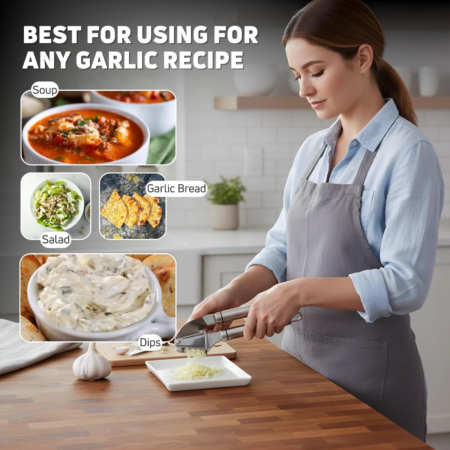 KUYRA Garlic Press Stainless Steel Set Premium Professional Garlic Mincer, Silicone Peeler & Brush, Clove Crusher, Handheld Mincer & Squeezer, Easy Clean Rustproof, Dishwasher Safe Kitchen Peelers