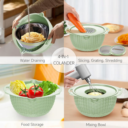 4-1 Colander with Bowl Set - Pasta Strainer - Colander for Kitchen - Strainers and Colanders Rice Strainer Fruit Cleaner Veggie Wash Sink Strainer Kitchen Essentials - Black