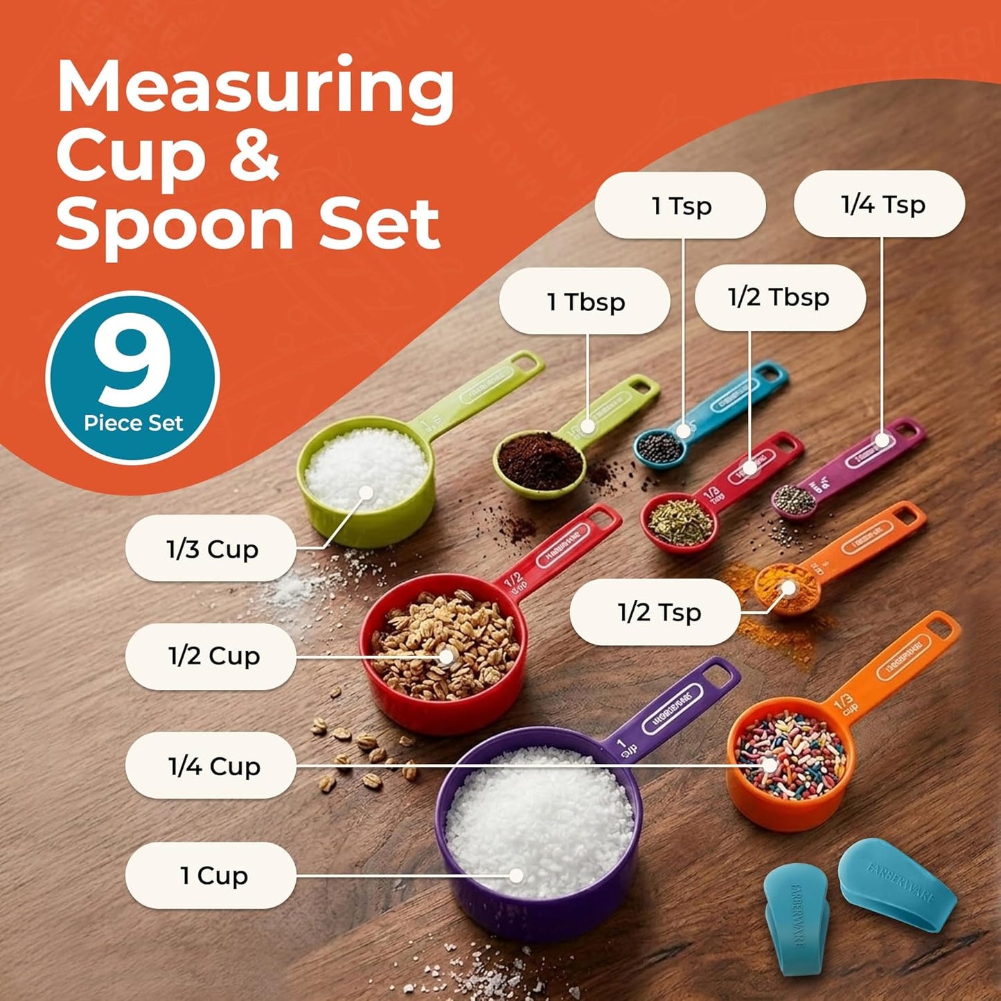 FARBERWARE 5-Piece Measuring Cup Set with Coffee Scoop, Durable Plastic Nesting Measuring Cups with Easy-Read Markings, BPA-Free, Dishwasher Safe
