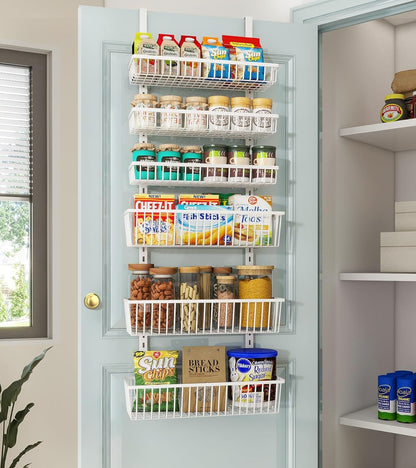 Mefirt White 9-Tier Over The Door Pantry Organizer, Pantry Organization and Storage, Deep Baskets Hanging Heavy-Duty Metal, Wall Spice Rack Seasoning Shelves for Home & Kitchen, Laundry Room Bathroom