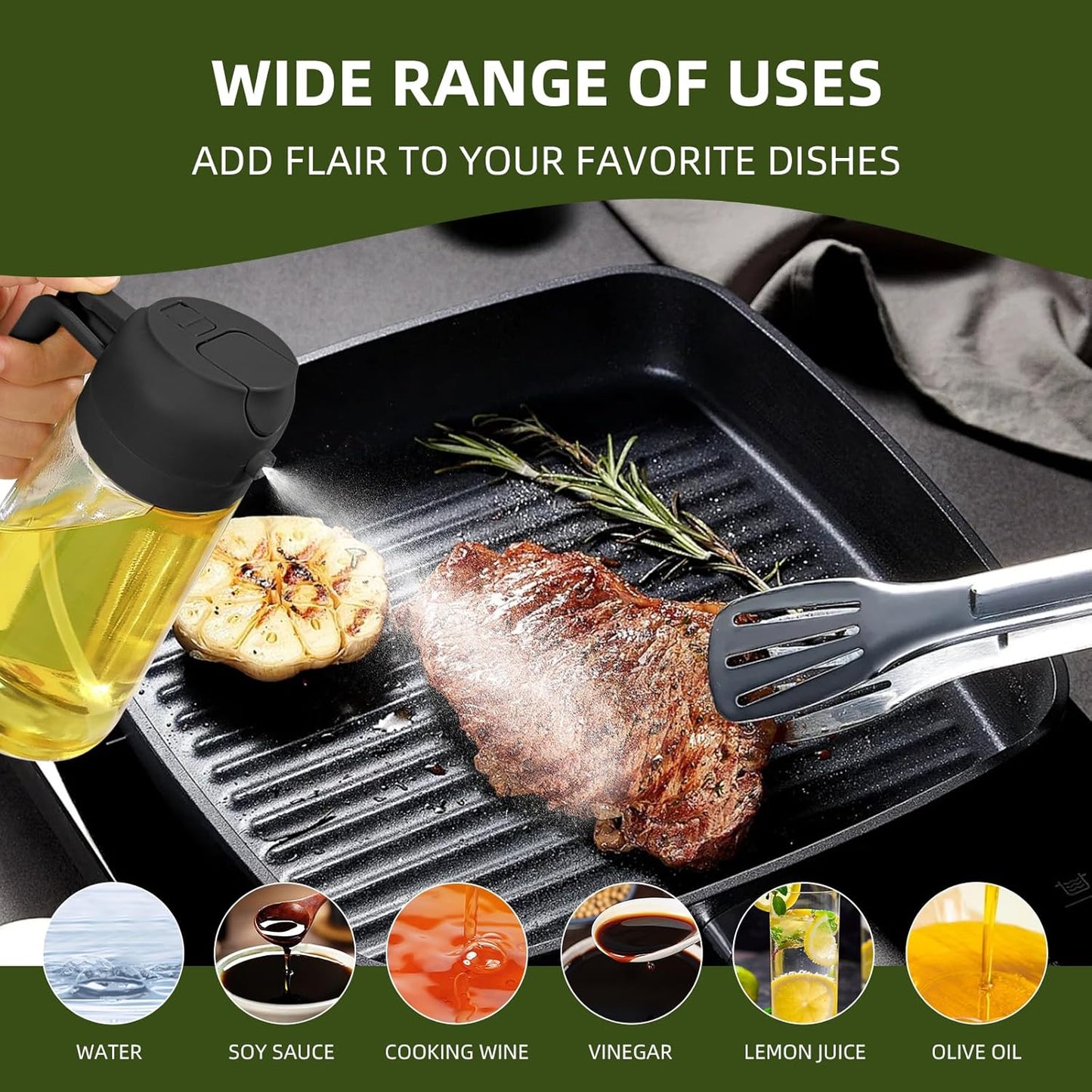 PLAPITATE Oil Dispenser for Kitchen, 2 in 1 Olive Oil Sprayer, Olive Oil Dispenser Spray Bottle with Brush, Oil Sprayer for Cooking for Air Fryer, Barbecue, Salad 16oz/470ml (Black)