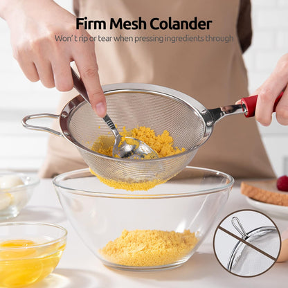 18/8 Stainless Steel Mesh Strainer: U-Taste 5.5 Inch Kitchen Fine Mesh Sieve Food Colander with Riveted Sturdy Silicone Handle and 30 Mesh Hole for Straining Flour, Pasta, Fruit, Quinoa(Aqua Sky)