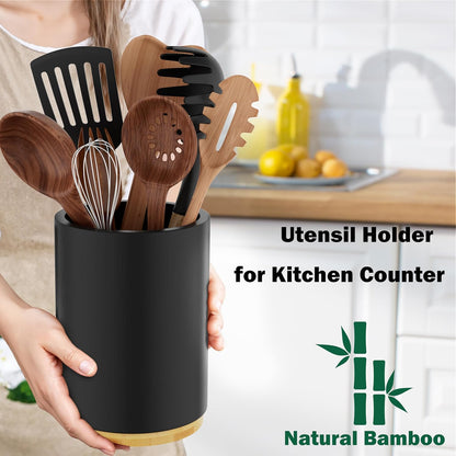 Utensil Holder, Acacia Wood Kitchen Utensil Holder for Countertop, 360°Rotating Cooking Utensil Crock for Kitchen Counter, 7.2" Large Utensil Organizer for Spatula