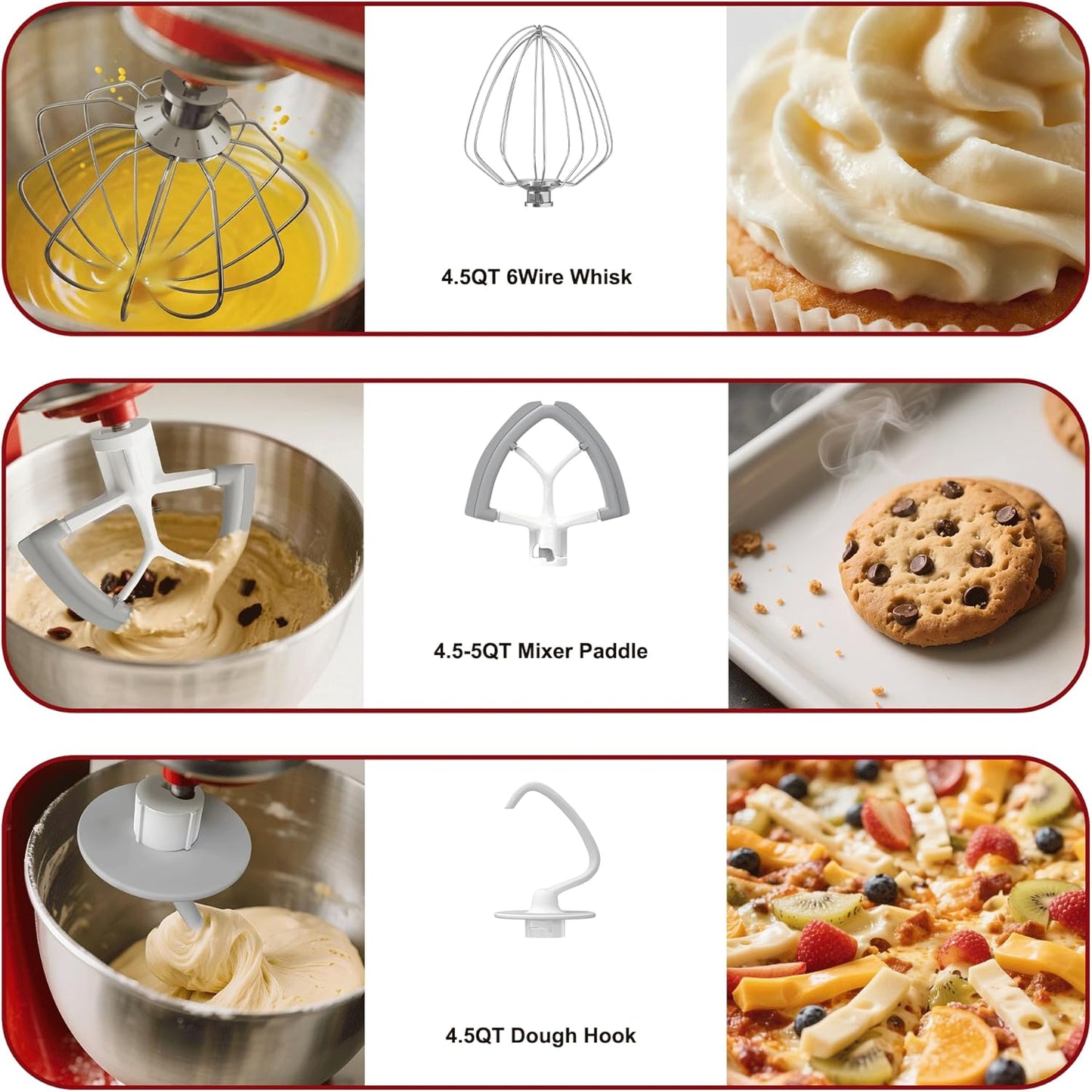 Flex Edge Beater 3Pcs for KitchenAid Mixer Attachments and Accessories Compatible with 4.5-5 Quart Tilt-Head Stand Mixers (K45WW 6-Wire Whip, 4.5-5QT Flat Beater Paddle, 4.5-5QT Dough Hook Attachment)