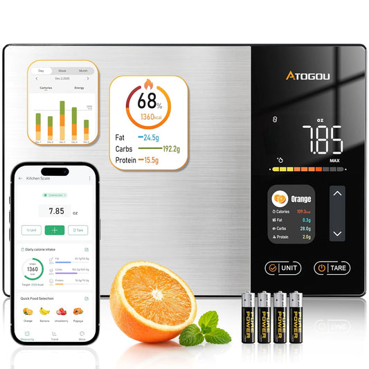 Atogou Smart Food Kitchen Scale with Nutrition Calculator, Color Display & Free App, Precise Portion Control, Calorie & Macro Tracking for Weight Loss & Meal Prep Black