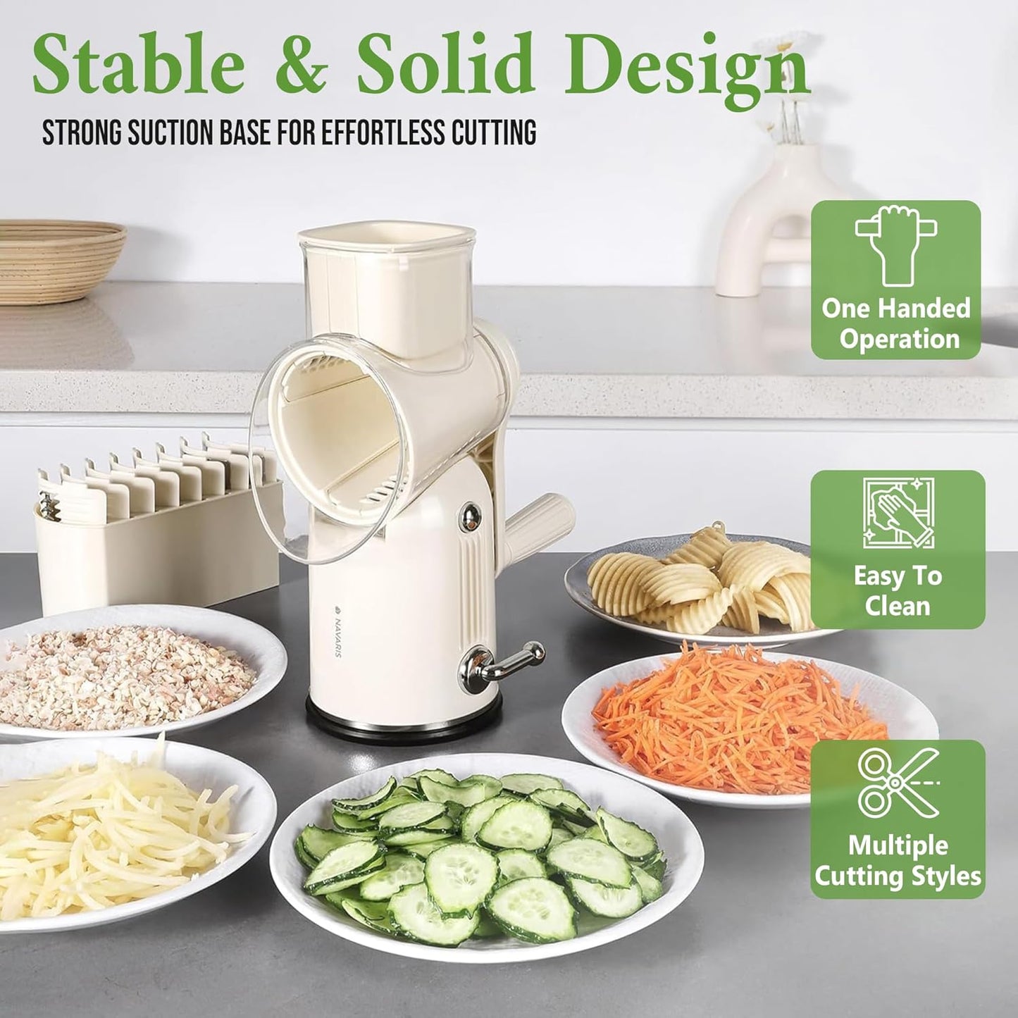 Rotary Cheese Grater with Handle – Multi-Purpose Vegetable Shredder with 5 Interchangeable Blades, Strong Suction Base & Storage Box – Round Mandoline Slicer and Food Chopper for Kitchen