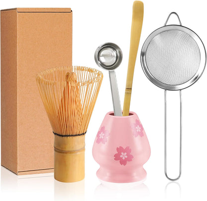 Matcha Whisk Set Matcha Making Kit Bamboo Chasen Ceramic Whisk Holder Stand Sifter Scoop Japanese Tea Tools (Solid Pink)