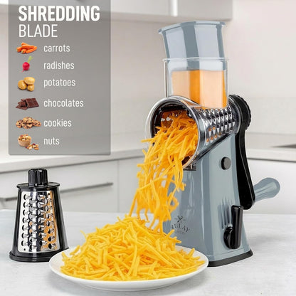 Zulay Kitchen Rotary Cheese Grater 5 Blade Cheese Shredder - Manual Hand Crank Cheese Grater With Reinforced Suction & 5 Interchangeable Drums - Easy to Use, Vegetable Chopper Round Mandoline Slicer - Colors B