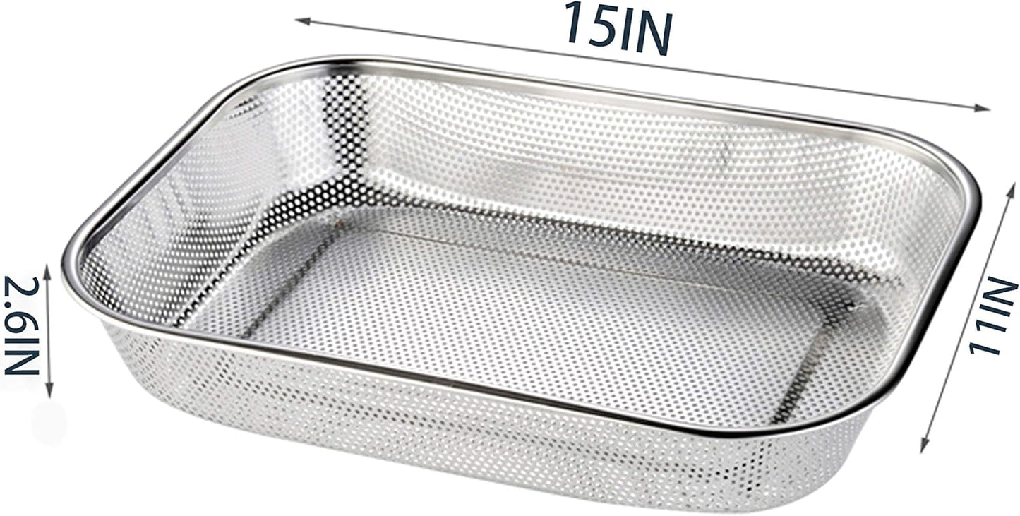 Cedilis 2 Pack Large Stainless Steel Colander Strainer, 6 Quart Mesh Vegetable Washing Basket, Rectangle Drainer Sink Basket for Vegetable Fruit Food (15" x 11" x 2.6")