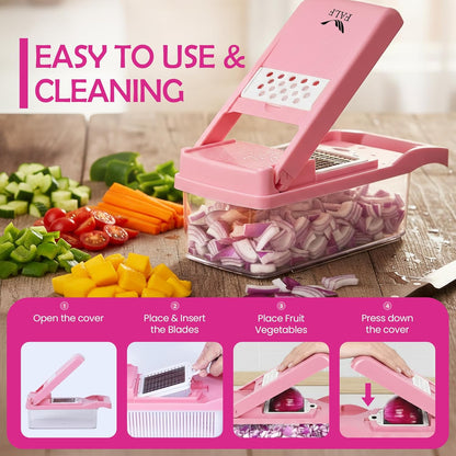 16-in-1 Vegetable Chopper & Mandoline Slicer with Container, Multifunctional Food Chopper, Onion Dicer & Grater for Potato, Carrot, Garlic and Salad, Kitchen Gadgets & Essentials (Pink)