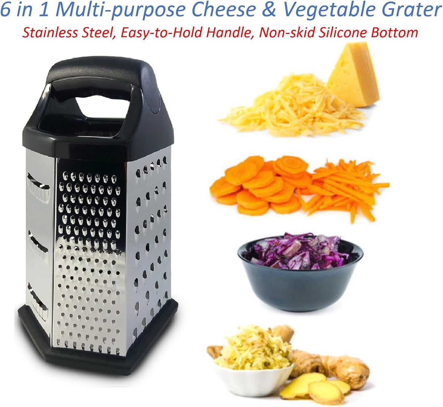 Box Graters for Kitchen, 6 Sided, Multi-purpose Cheese and Veggie Cutter, Stainless Steel With Cooking Secrets Ebook