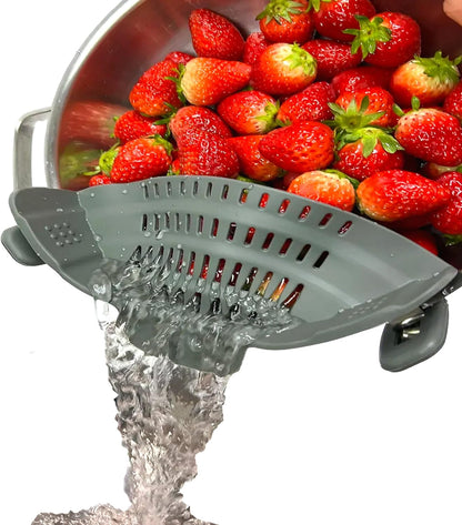 Clip-On Flexible Silicone Strainer for All Pots and Pans, Heat Resistant Colander for Vegetables and Fruit and Noodles and Pasta, Multi Use Kitchen Gadgets for Cooking, Space-Saving Design(Gray)