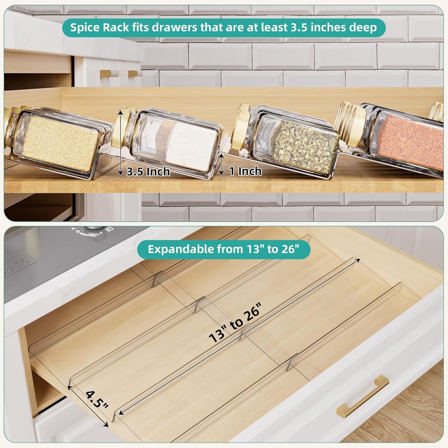 MIUKAA Clear Acrylic Spice Drawer Organizer, 4 Tier- 2 Set Expandable From 13" to 26" Drawer Seasoning Organizer, Kitchen Spice Rack Tray for Drawer/Countertop (Jars not included)