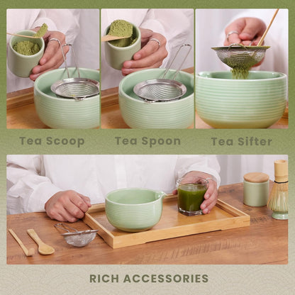 6-Piece Matcha Set, Matcha Whisk (Chasen) & Holder, Matcha Bowl with Spout, Sifter & Spoon, Bamboo & Ceramic, Dark Green