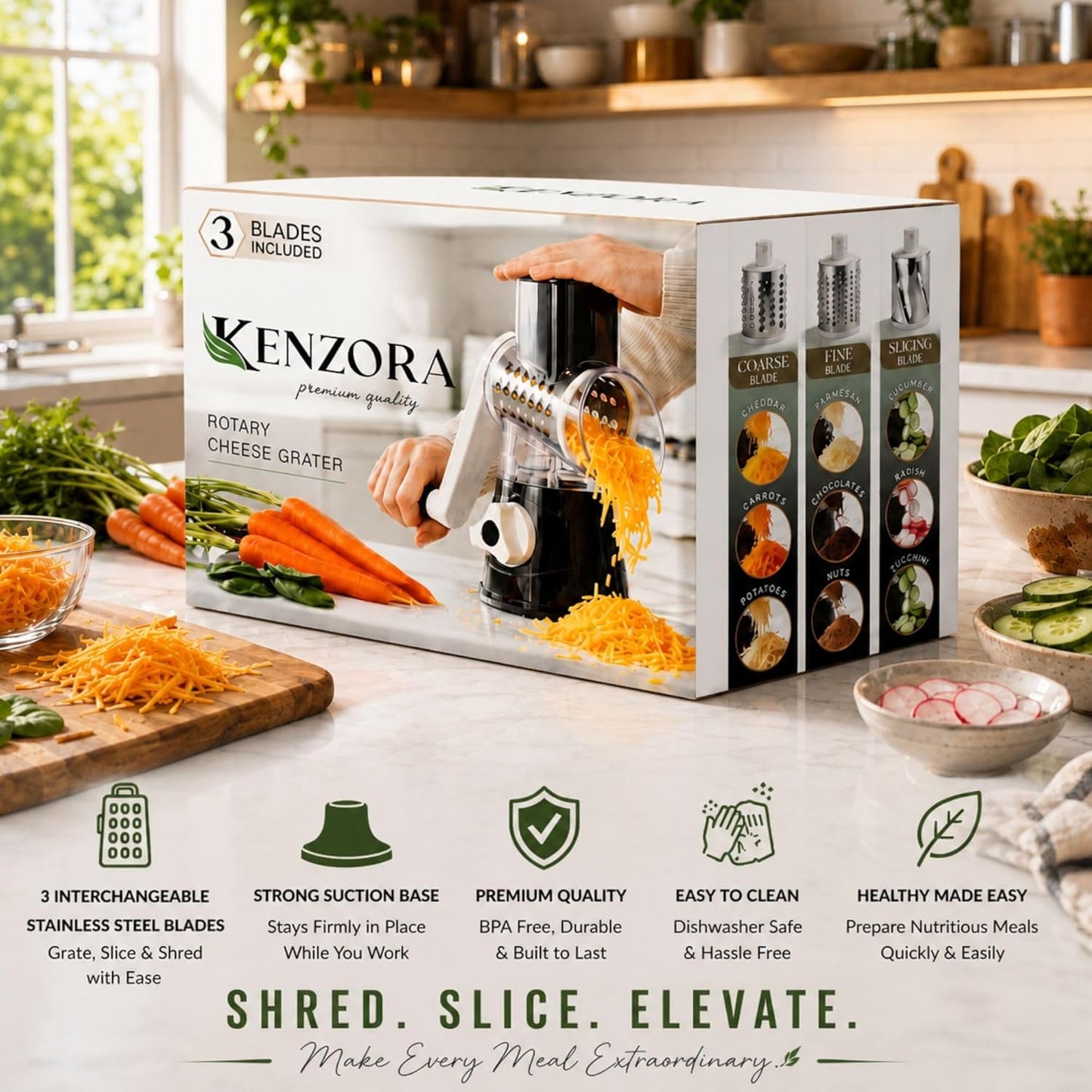 KENZORA Rotary Cheese Grater Hand Crank & Vegetable Chopper - 3-in-1 Manual Cheese Shredder with Handle - Fast Meal Prep Mandoline Slicer - Strong Suction Base & Safe Kitchen Gadgets, Black