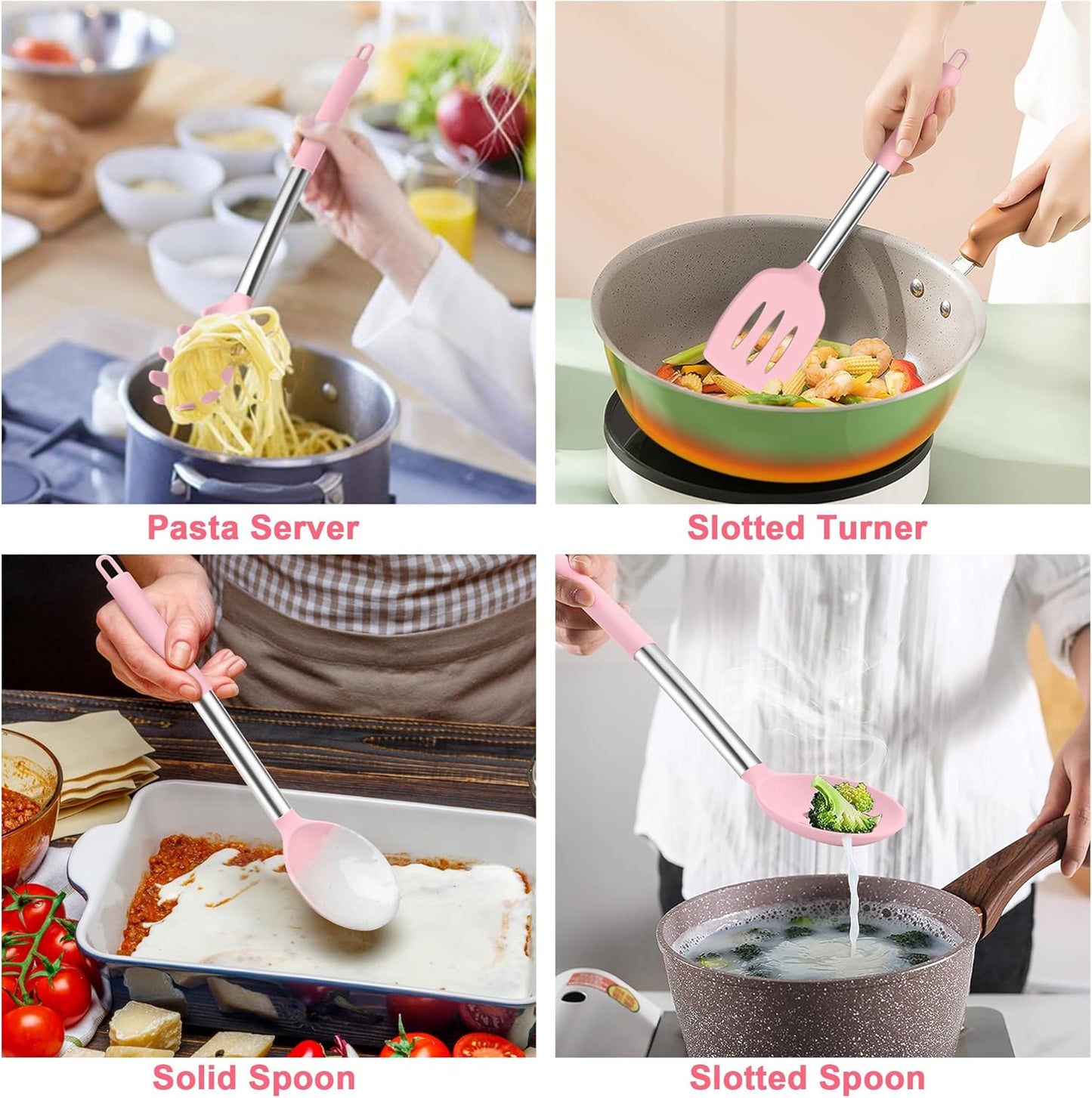 TeamFar Cooking Utensils Set, 5 PCS Silicone Kitchen Utensils with Stainless Steel Handle, for Nonstick Cookware Flipping Frying Turning Draining, Heatproof & Healthy, Nonstick & Easy Clean, Black