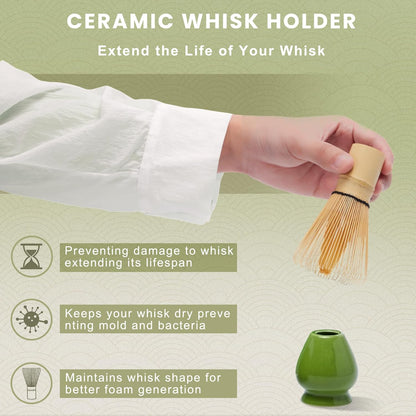 6-Piece Matcha Set, Matcha Whisk (Chasen) & Holder, Matcha Bowl with Spout, Sifter & Spoon, Bamboo & Ceramic, Dark Green