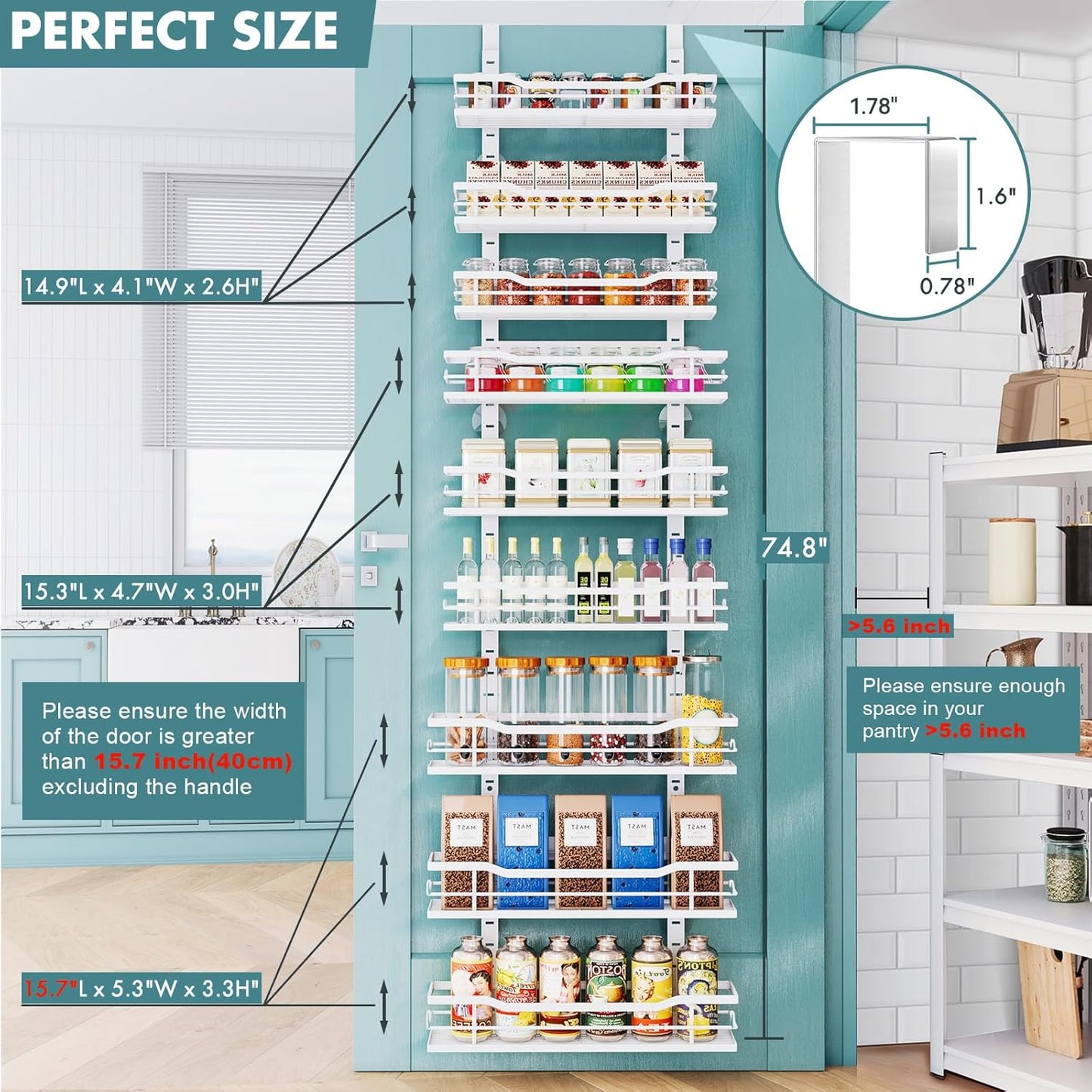 Eastherry Over The Door Pantry Organizer，9-Tier Over The Door Organizer with Adjustable Basket，Metal Hanging Pantry Organizers and Storage for Kitchen, Back of Door Seasoning Rack