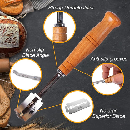 EROIR 13" Danish Dough Whisk Bread Lame Bowl Scraper Set - Dutch Sourdough Whisk Double Eye, Dough Scraper, Bread Scorer with 10 Blades and Leather Cover