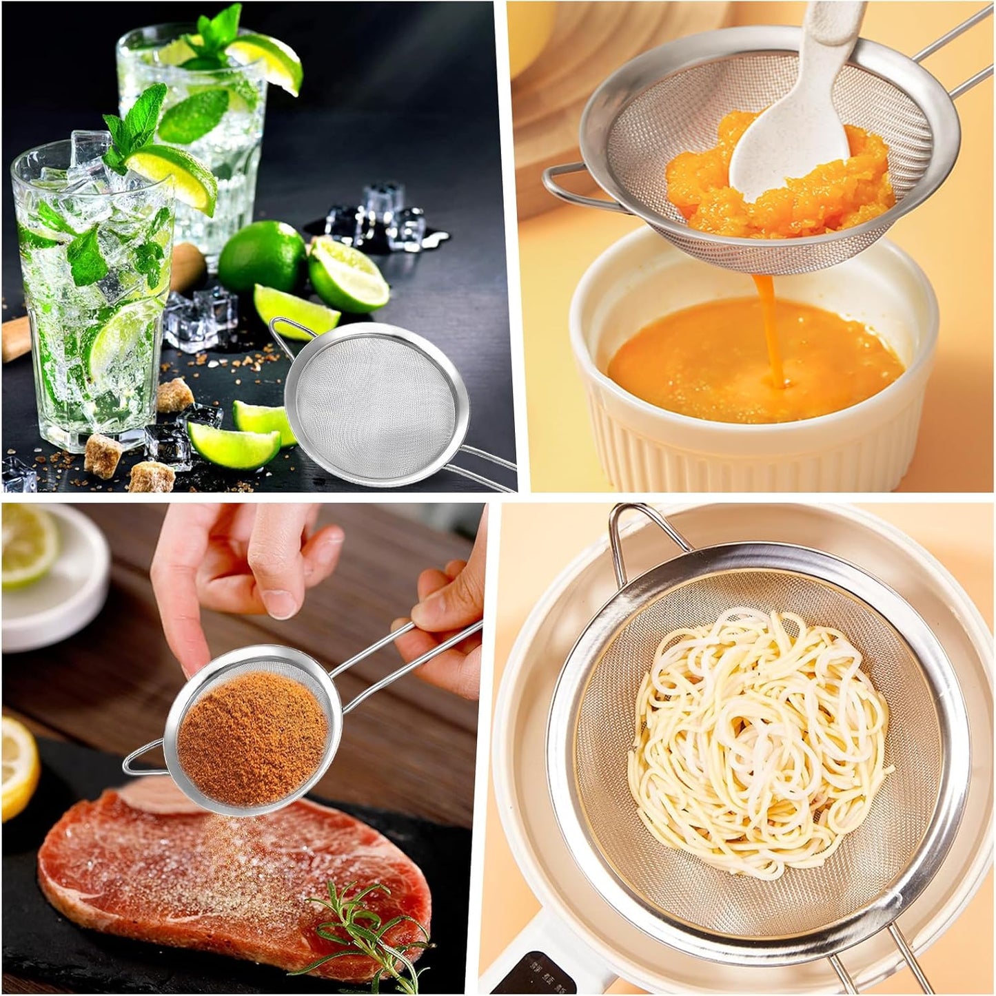 2 Pack Fine Mesh Strainer, Small Stainless Steel Sieves with Handles, for Steeping Loose Leaf Tea, Straining Cocktail, Juice and Sifting Flour, Powdered Sugar (2pcs)