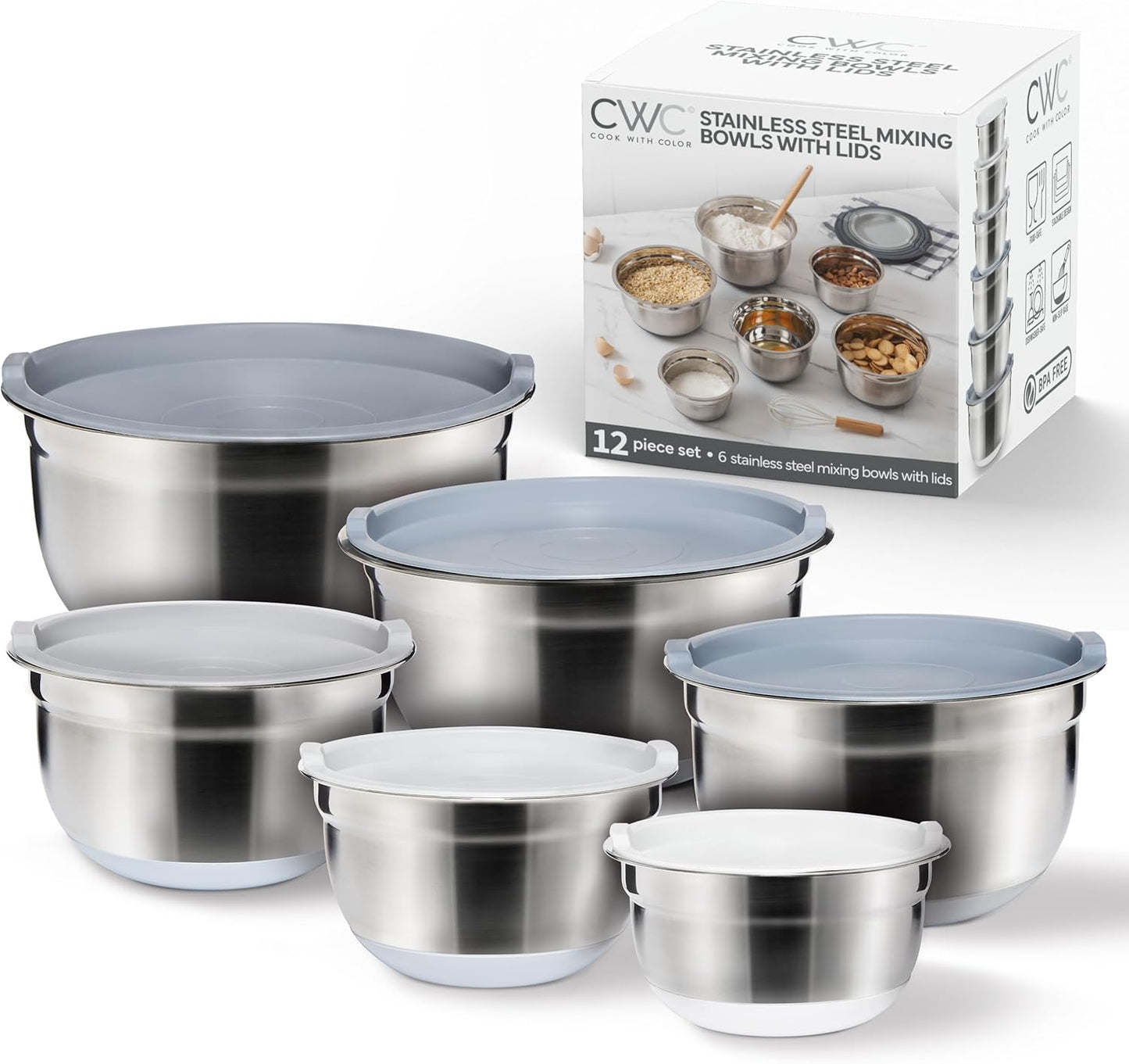 COOK WITH COLOR Stainless Steel Mixing Bowls Set with Lids - Nesting Bowls with Non-Slip Bottom, Silver, 14 Pieces