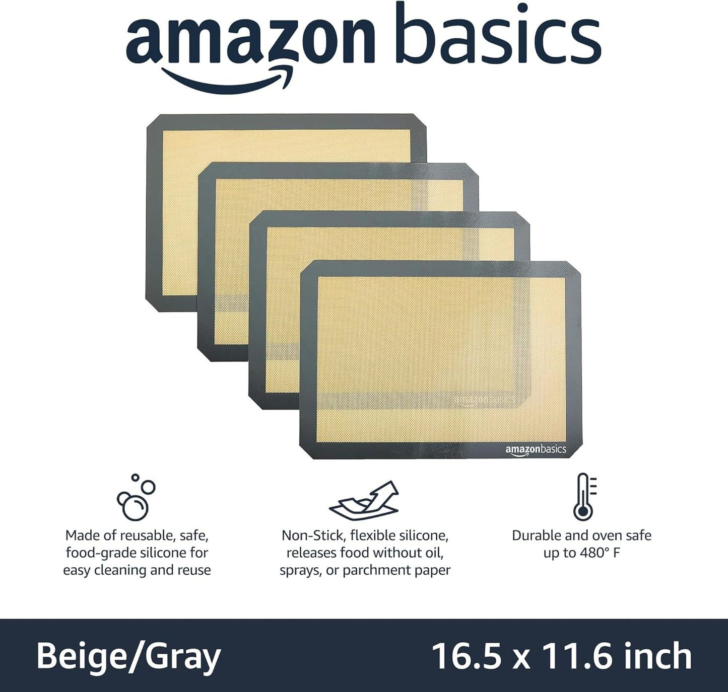 Amazon Basics Silicone Rectangular Baking Mat, Non-Stick, Reusable, Dishwasher Safe, Food Safe, Heat Resistant, 16.5" x 11.6", Beige/Gray, 2-Pack