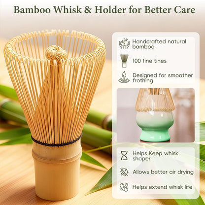 Matcha Whisk Set, Ceramic Matcha Set Includes Bowl & Holder, Bamboo Whisk (Chasen), Scoop, Spoon and Sifter, 6PCS Matcha Kit Covers Everything Needed for Making Matcha (Green)