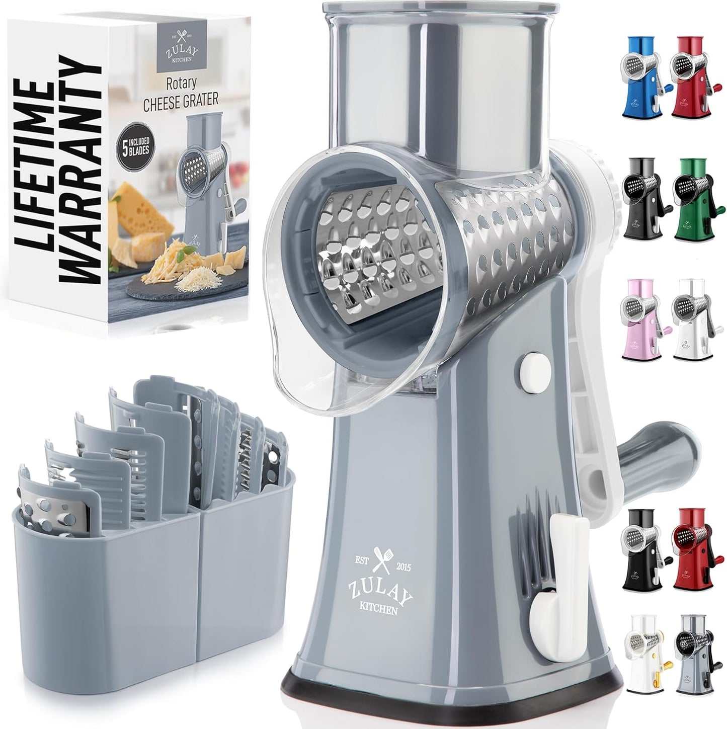 Zulay Kitchen Rotary Cheese Grater 5 Blade Cheese Shredder - Manual Hand Crank Cheese Grater With Reinforced Suction & 5 Interchangeable Drums - Easy to Use, Vegetable Chopper Round Mandoline Slicer - Colors A