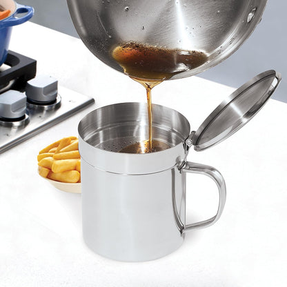 Oggi Stainless Steel Jumbo Grease Container with Removable Strainer and Snug Lid. Perfect container for fryer oil, bacon drippings, lard and ghee oil. Large capacity can - 1 Gall / 4 Qt / 3.75 Lt