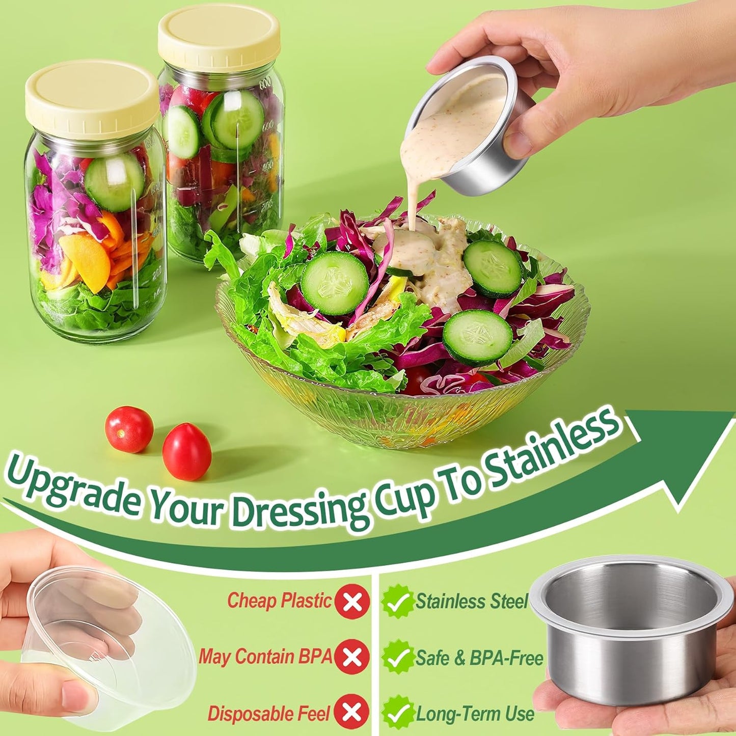 KTKUDY 4 Pack 32 oz Glass Salad Jars with Dressing Cups (Pod) - Meal Prep Salad Container for Lunch - Leakproof Mason Jars with Lids