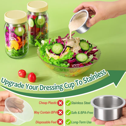 KTKUDY 4 Pack 32 oz Glass Salad Jars with Dressing Cups (Pod) - Meal Prep Salad Container for Lunch - Leakproof Mason Jars with Lids