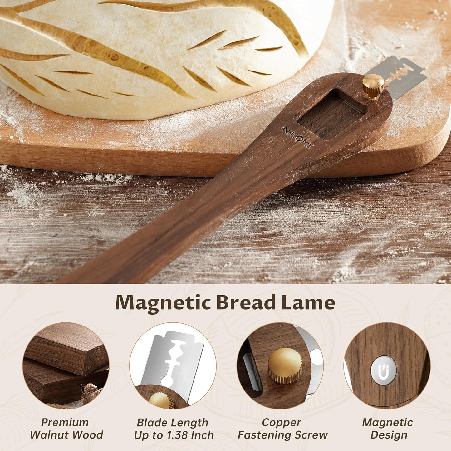 NiHome Bread Lame with Extractable Blade and Magnetic Back, Push-Pull Design for Secure Blade Locking, Easy-to-Use Walnut Wood Handle, Perfect for Dough Scoring, Bread, Pastries, and Food Cutting