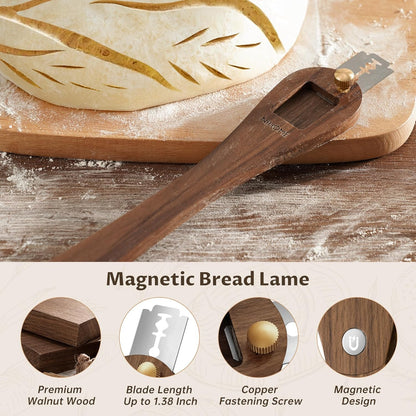NiHome Bread Lame with Extractable Blade and Magnetic Back, Push-Pull Design for Secure Blade Locking, Easy-to-Use Walnut Wood Handle, Perfect for Dough Scoring, Bread, Pastries, and Food Cutting
