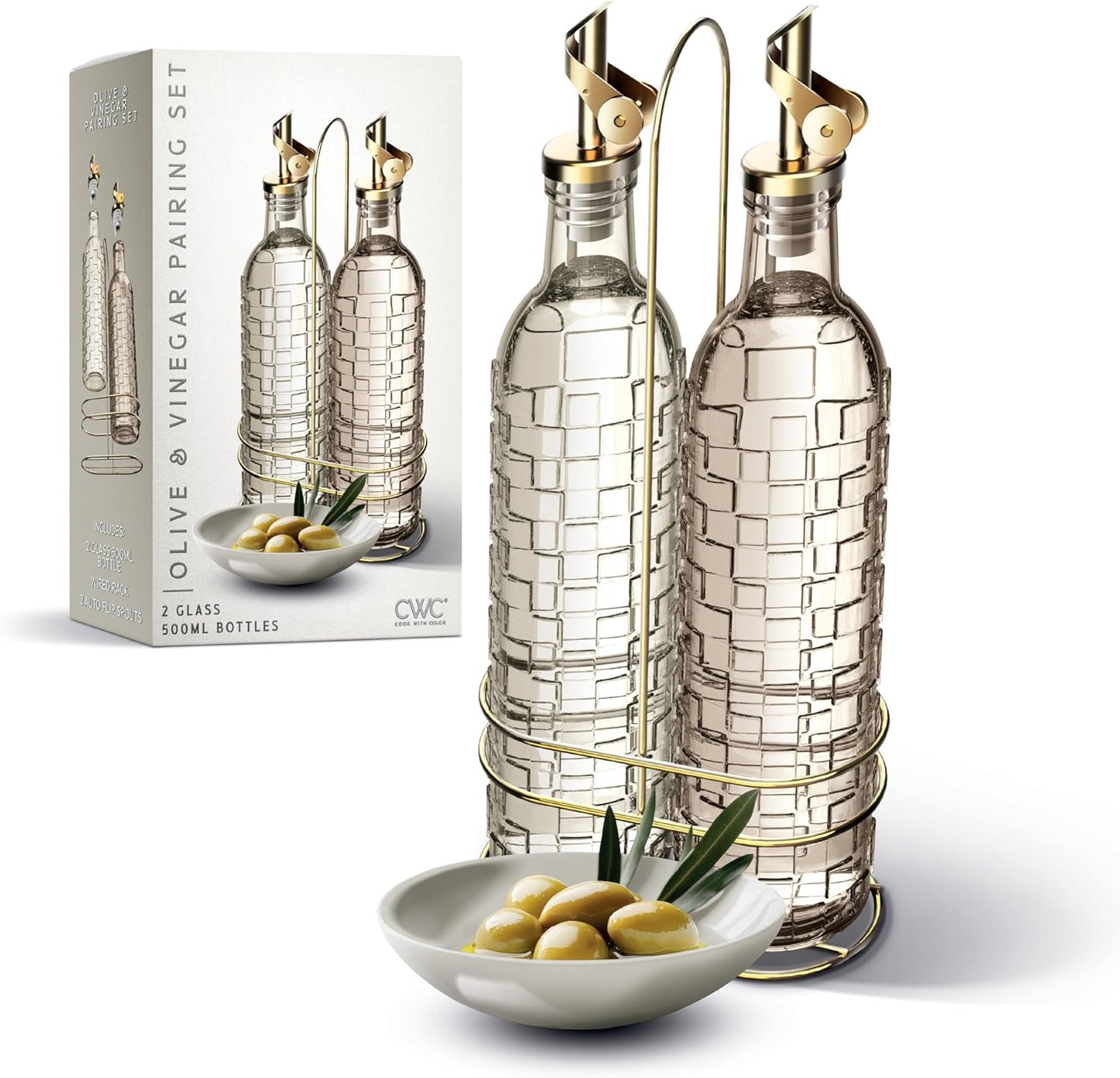 COOK WITH COLOR Glass Olive Oil Bottle Dispenser - 2 Pack- 17oz Oil and Vinegar Cruet - Olive Oil Carafe Decanter for Kitchen, Elegant Waves, Clear