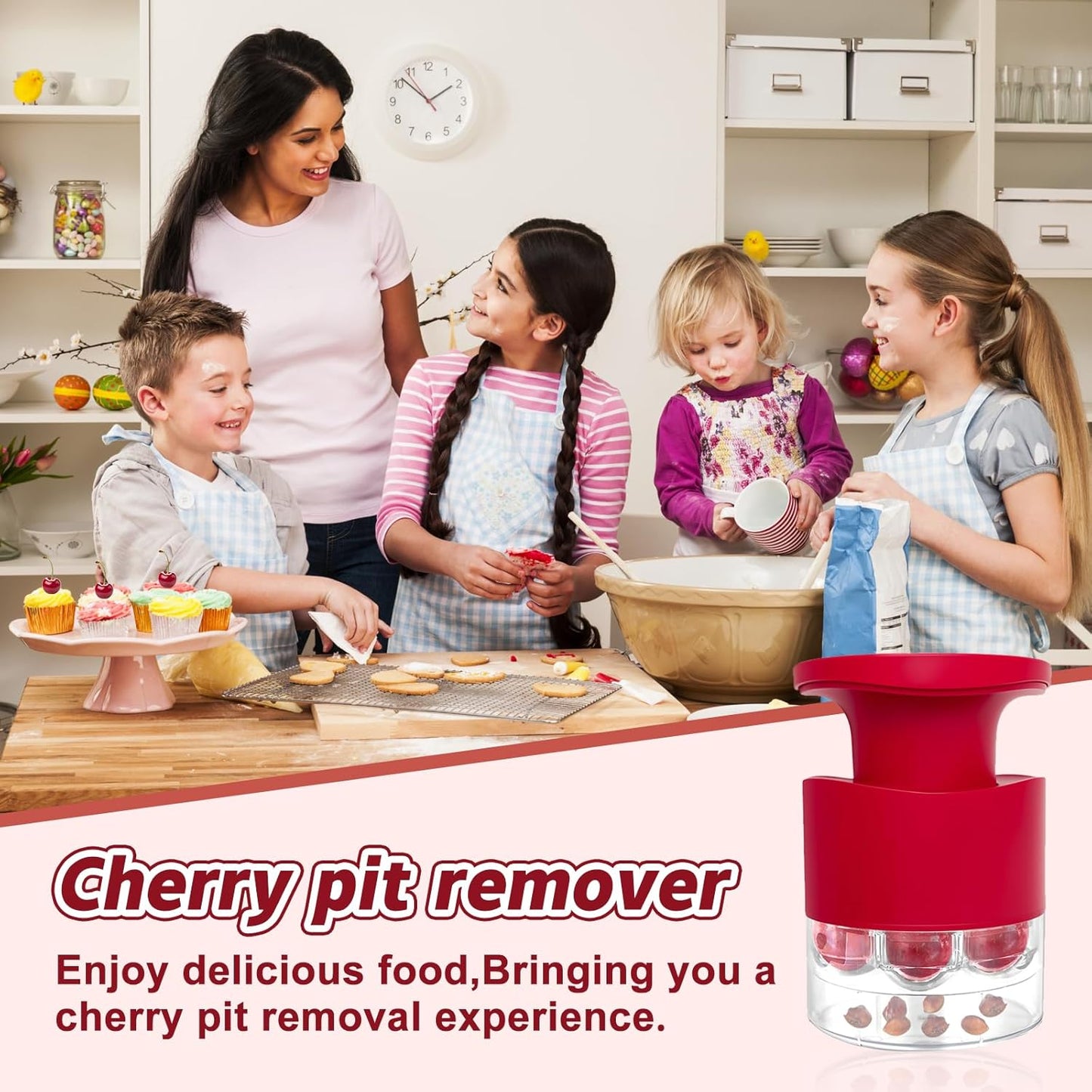 Cherry Pitter - Quick Release Multi Cherries Stoner Pitter 7-in-1, Push Button Cherr'y Core Pit'ter Tool Multiple with Splatter Protector, Pit Seed Remover for Making Jam Cherry Dishes (Red-7 Holes)