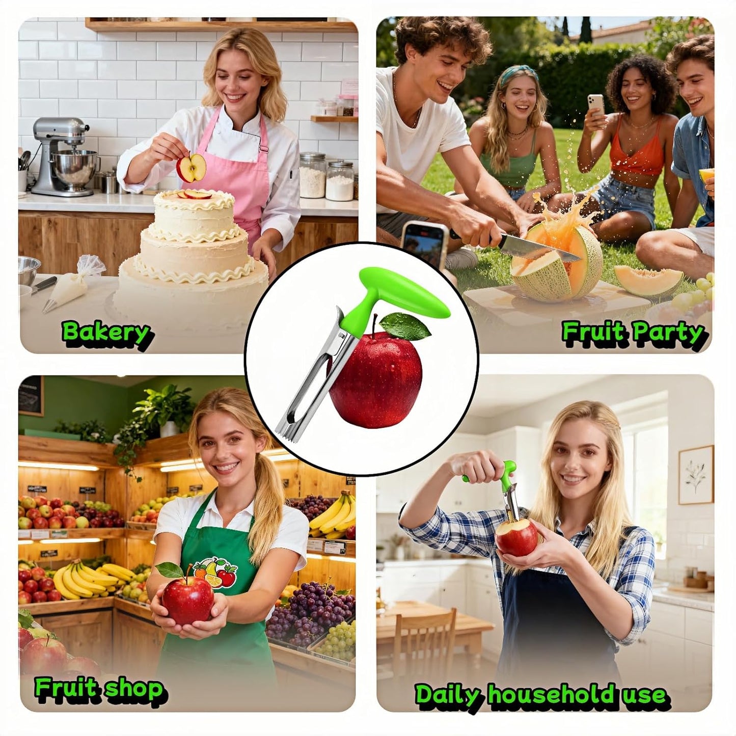 Premium Stainless Steel Apple Corer - Easy Use & Dishwasher Safe, Multi-Fruit Core Remover with Ergonomic Handle for Apples, Pears, Tomatoes & Cupcakes | Durable Kitchen Tool (Green)