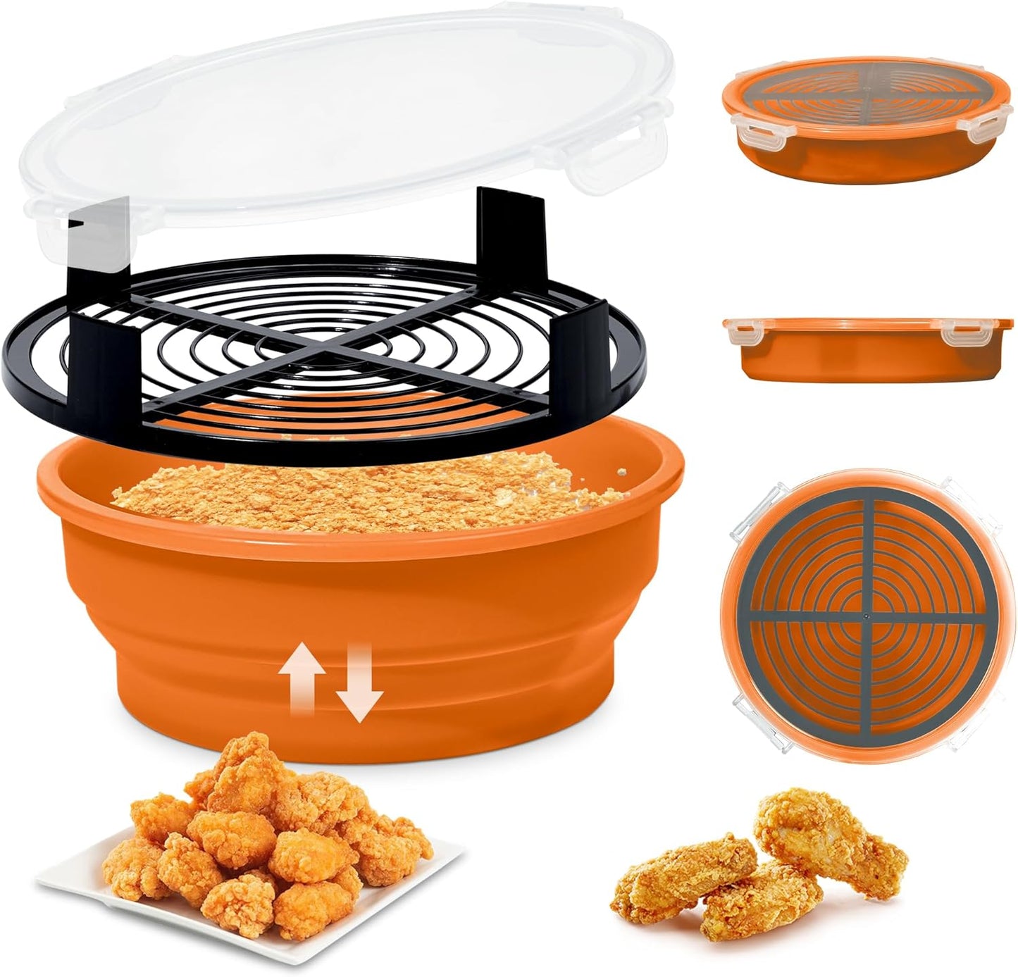 FJNATINH Collapsible Batter Bowl - Mess Free Better Breader Shaker Bowl with Lid Breading Shaker Container - Great for Fried Fish, Fried Chicken, Onion Rings, Wings & More,No Leak,Easy to Store