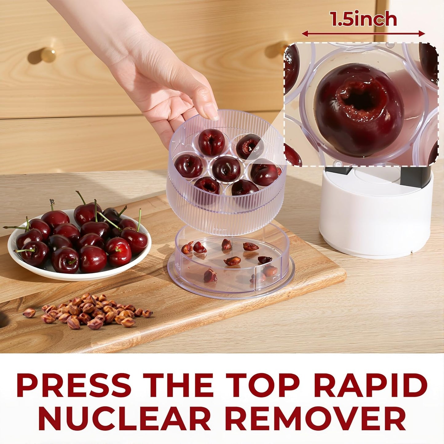 Cherry Pitter Tool - 7-in-1 Multiple Cherry Corer with 1.5" Extra Large Slots for Jumbo Cherries, Olive Pitter, Transparent Pit Container, Dishwasher Safe, Anti-Splash Design