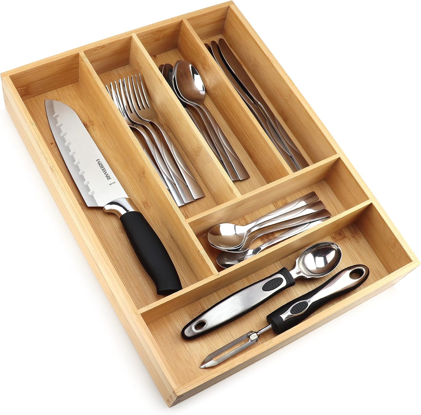 Pristine Bamboo Silverware Organizer - Small Extra-Deep Wooden Kitchen Drawer Organizer Divider for Spoons, Forks, Knives & Cutleries - 5 Slots