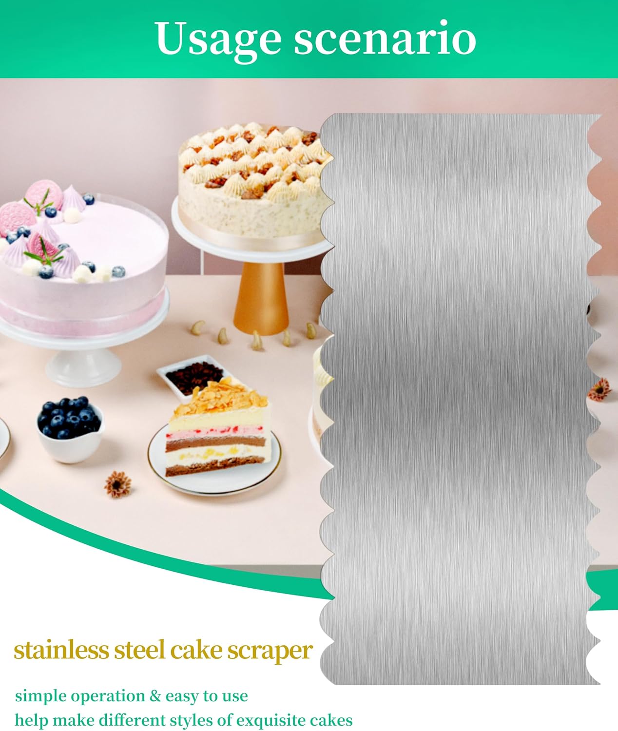 Cake Scraper Smoother Cake Decorating Supplies Kit 8.6 Inch Metal Bench Scraper for Baking Buttercream Smoother Stainless Steel Frosting Cake Comb Edge Side Jagged Comb for Cream Cake-1