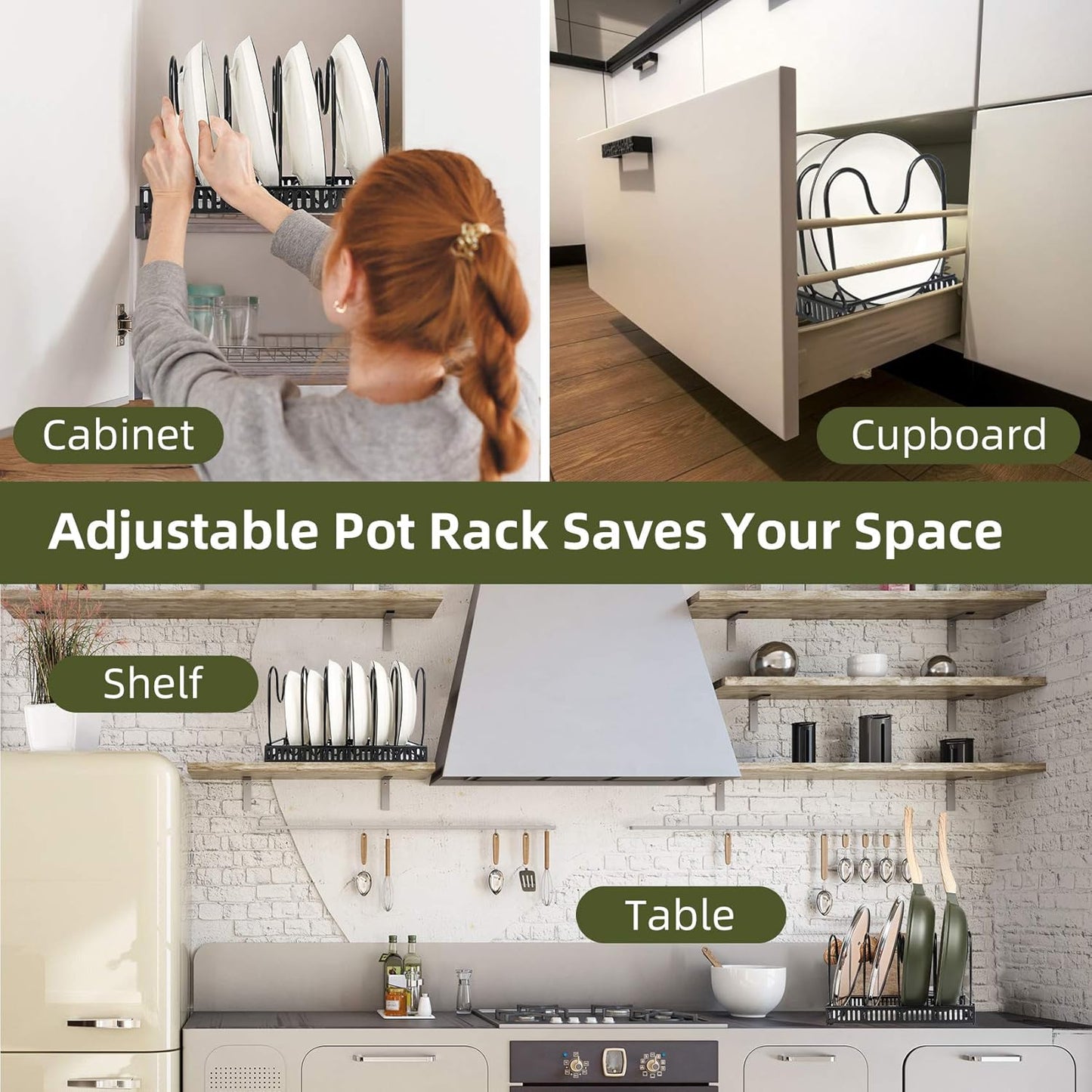 Pot Rack Organizer -Expandable Pot and Pan Organizer for Cabinet,Pot Lid Organizer Holder with 10 Adjustable Compartment for Kitchen Cabinet Cookware Baking Frying Rack,Bronze
